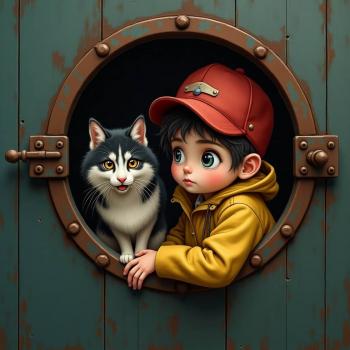 A little boy wearing a hat and a dog